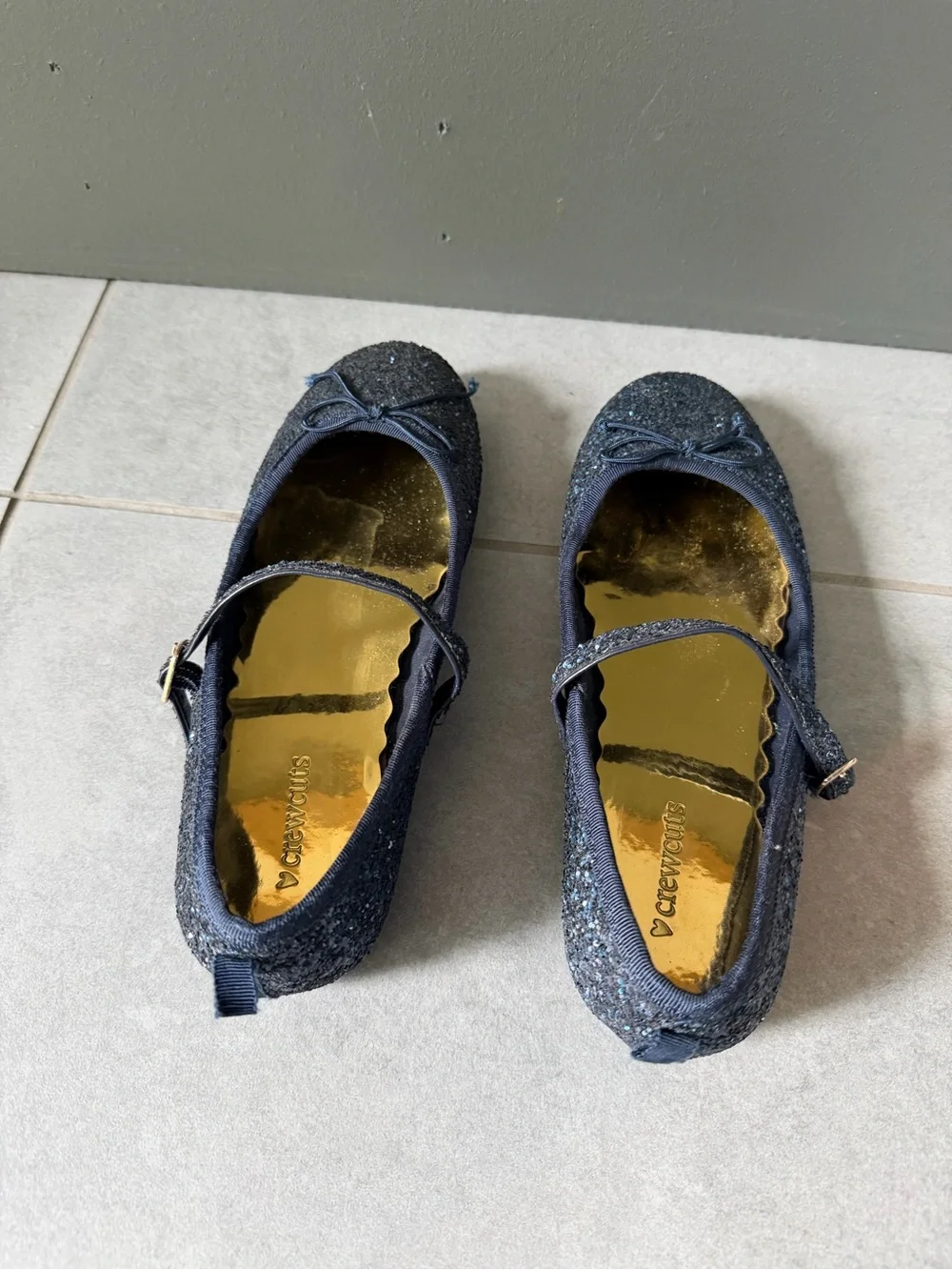 Crew Cuts J Crew Girls Navy Glitter Sparkle Mary Jane Buckle Flats with Bow 4